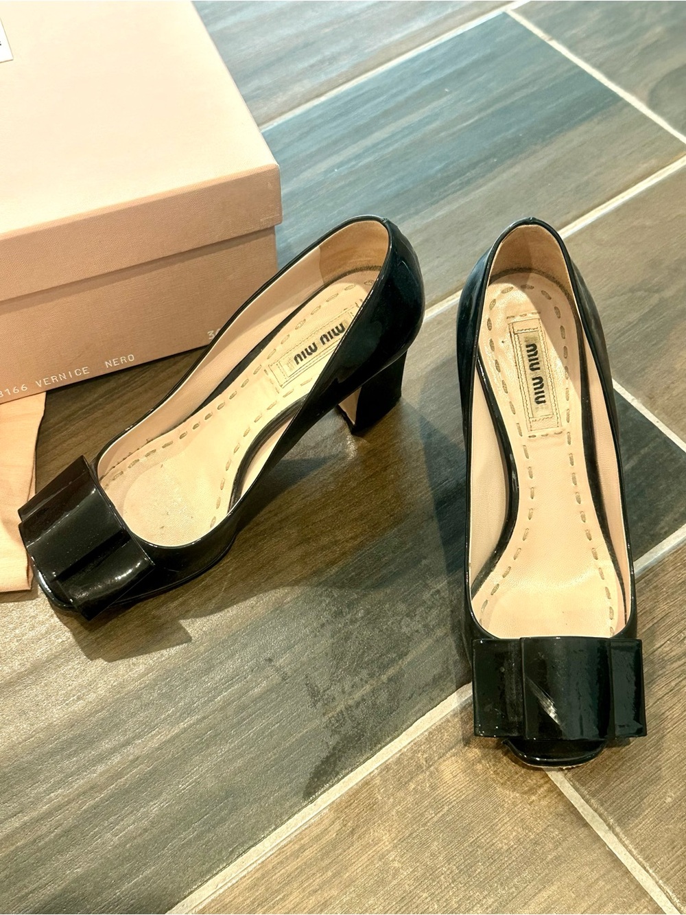 Miu Miu Black Patent Leather Bow Toe Block Heels